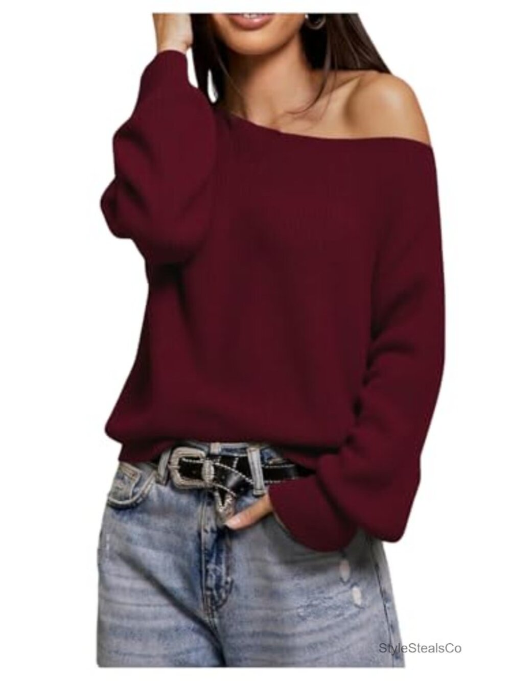 Womens Off The Shoulder Knit Pullover Sweater Long Sleeve Drop Shoulder Top
